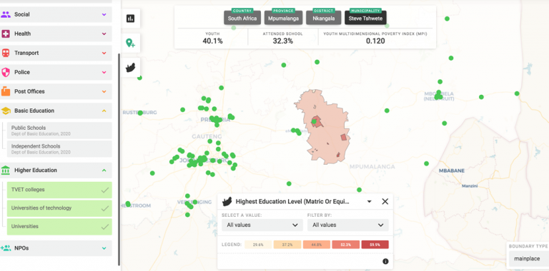 Map 1: Location of institutes of higher learning and proportion of young people with matric, in Steve Tshwete Municipality. Youth Explorer (2021).
