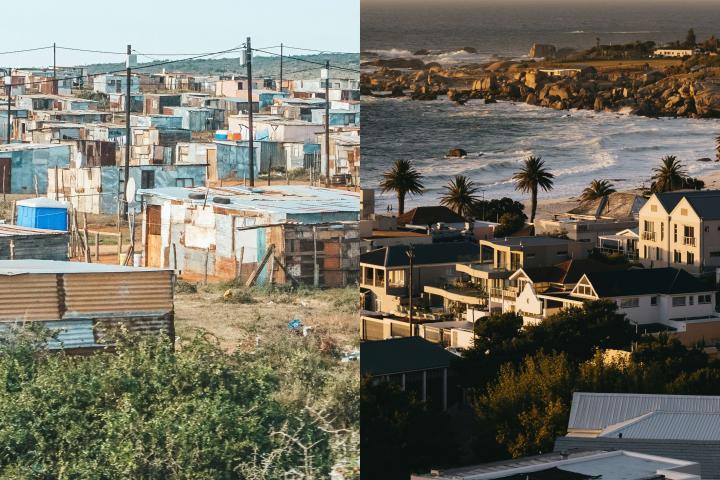 Housing in an informal settlement and an upmarket suburb in Cape Town. 