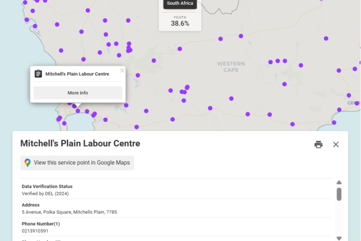 Labour centres of the Department of Employment and Labour mapped on the Youth Explorer