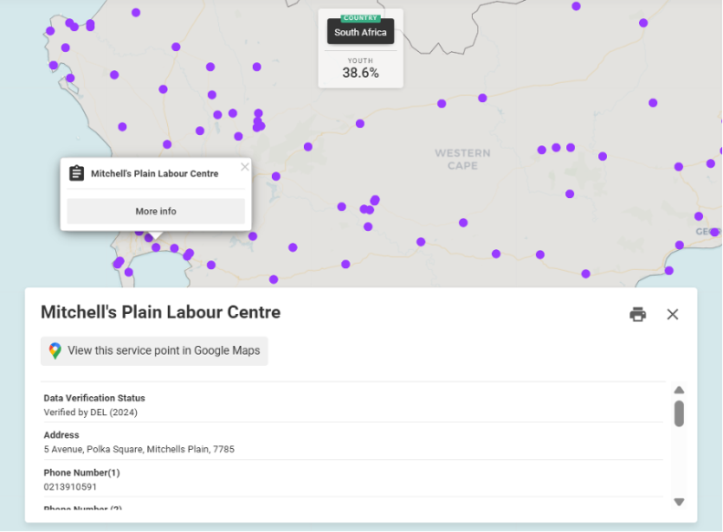 Labour centres of the Department of Employment and Labour mapped on the Youth Explorer