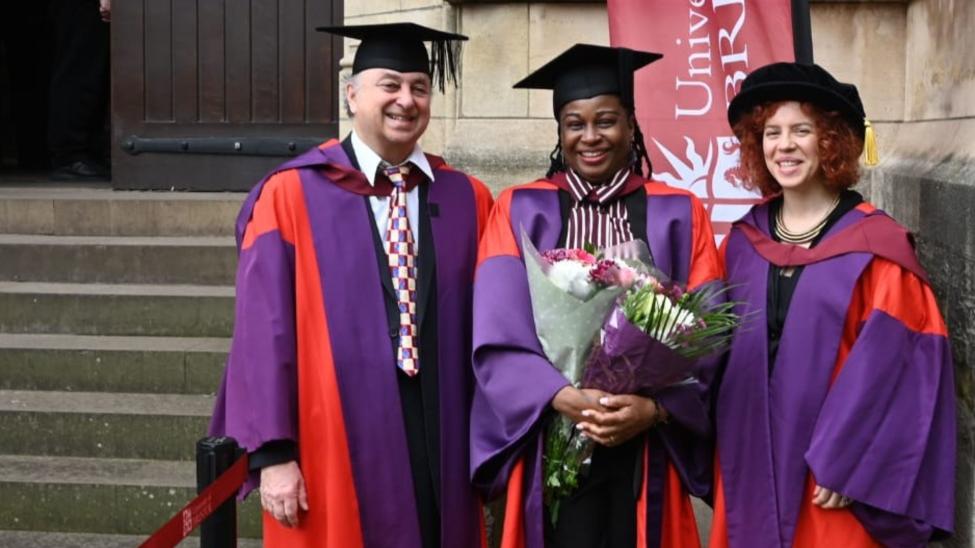 Dr. Cynthia Lum Fonta (centre) pictured with her supervisors Professor David Gordon (left) and Dr. Zoi Toumpakari (right). 
