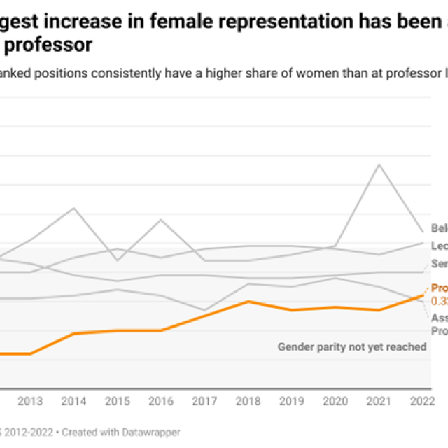 Figure 4 displaying the largest increase in female representation has been at the rank of professor