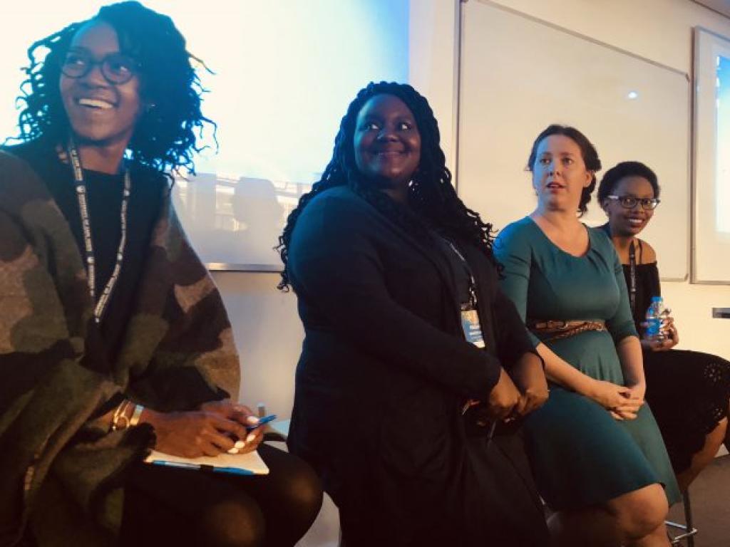 Civil Society panellists at the conference on inequalities in Southern Africa. From left to right, Fumani Mthembi, Masana Ndinga, Gabriella Razzano and Lucesia Tilo